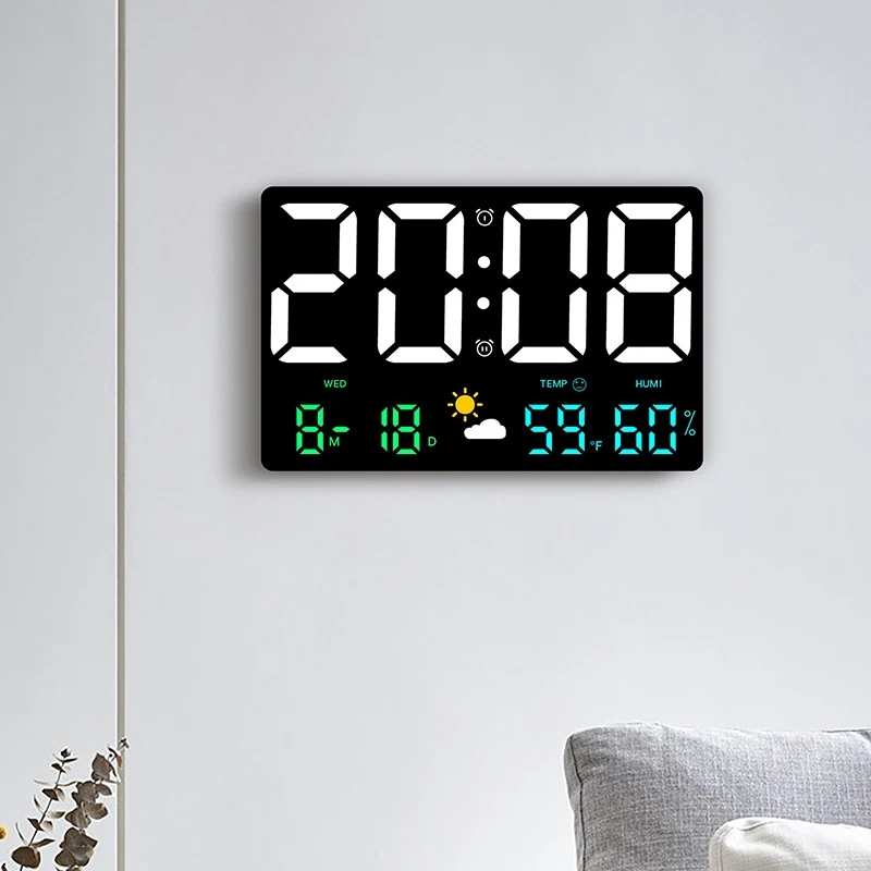 Wall Clock Digital Wall Clock Smart Mute LED Large-Screen Wall Clock Temperature and Humidity Display Weather Clock Multi-Function Color Digital Alarm