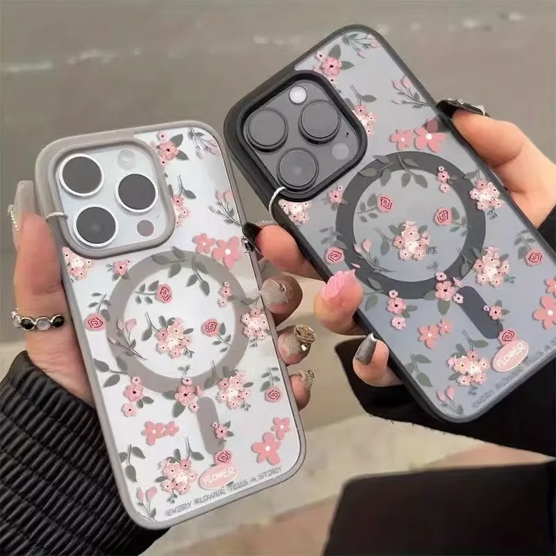 Elegant Pink Flower Magnetic Wireless Charging Case Cover
