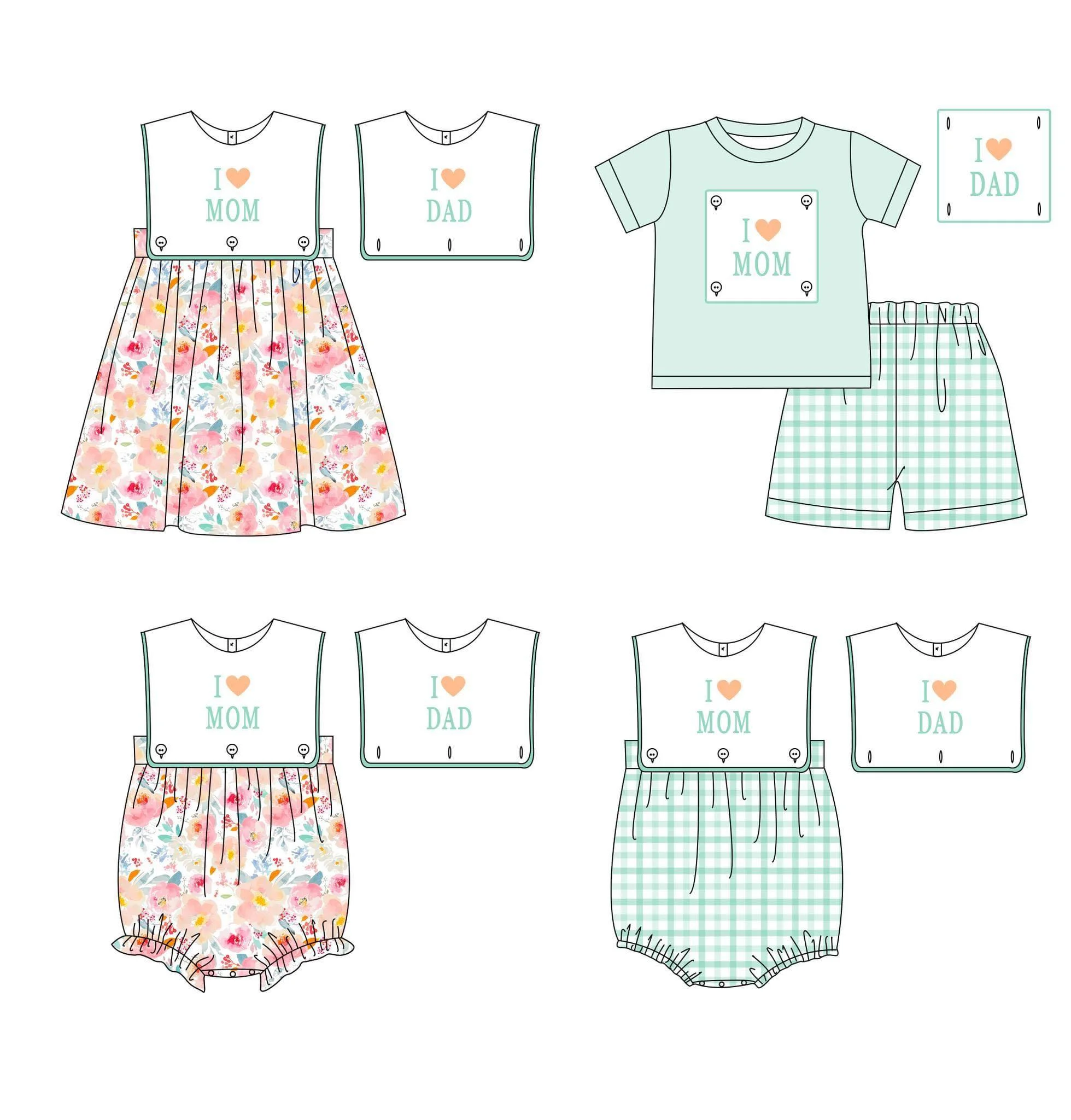 

Infant Dress Outfits Baby Girl Clothes Set 2pc Romper Suit I LOVE MOM DAD Embroidery Bodysuit Shirt Sleeve Mint Jumpsuit Pants