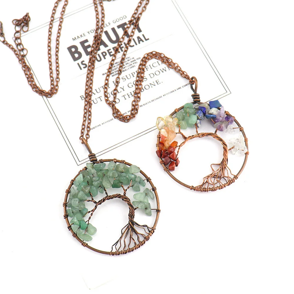 7 Chakra Natural Stones Tree of Life Pendant Handmade Crystal Copper Necklace Quartz Reiki Healing Charm Women Jewelry Gift