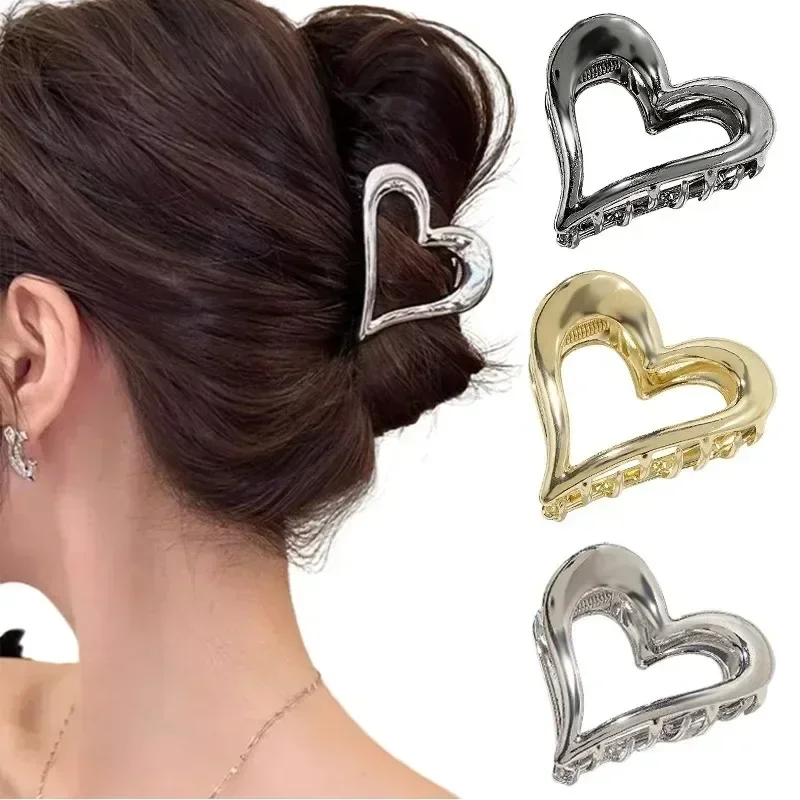 Metall Goldene Silbrig Herz Liebe Haar Klaue Clips Mittlere Größe Y2k Haar Styling Zubehör Fangen Krabben Klemme Frauen Mädchen Kopfbedeckungen