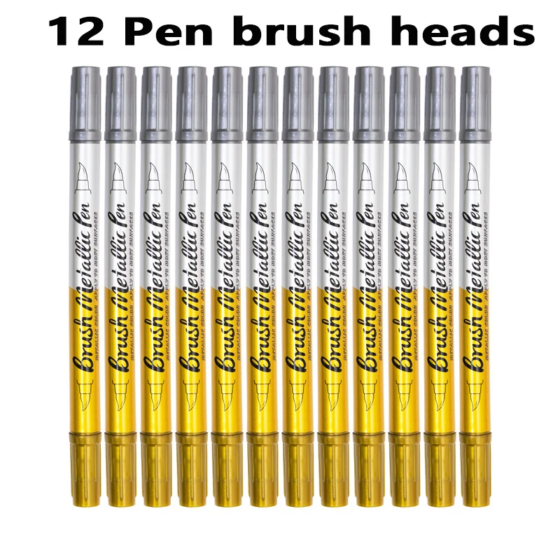 더블 헤드 금속 마커 펜, 그림 문구류, 학교 용품, 영구 미술 마커, 2 색, 금 실버, 2.5mm, 12 개