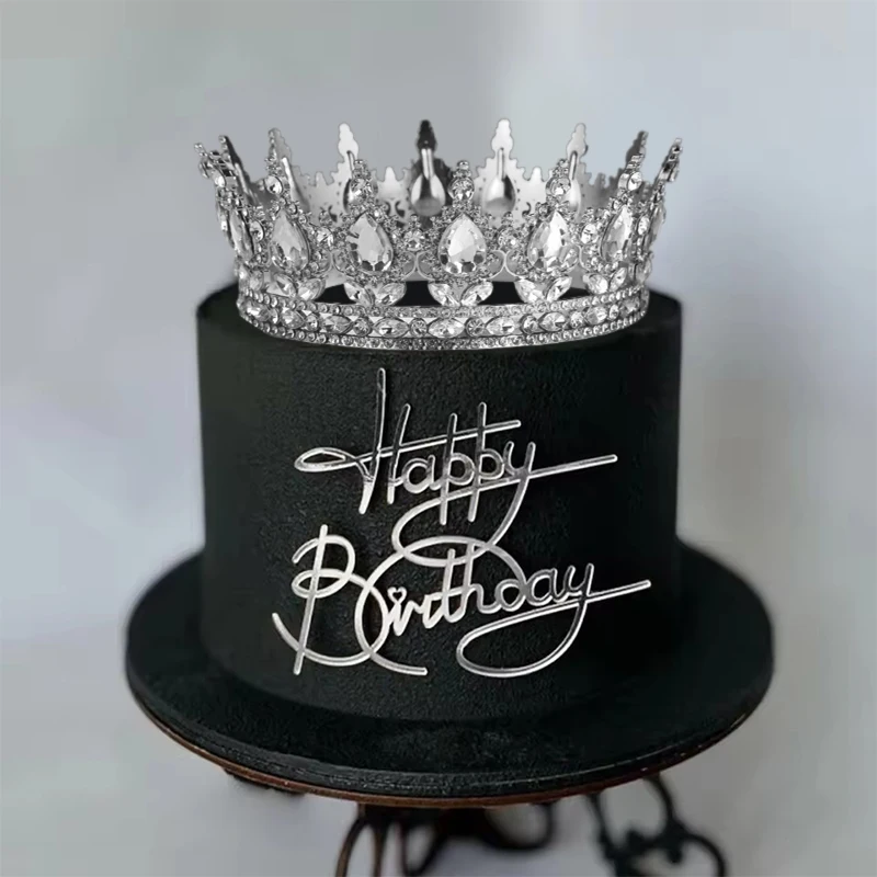 Large Crown Cake Topper Happy Birthday Party Cake Decoration Metal Gold Silver Crystal Crown Wedding Bridal Hair Accessories