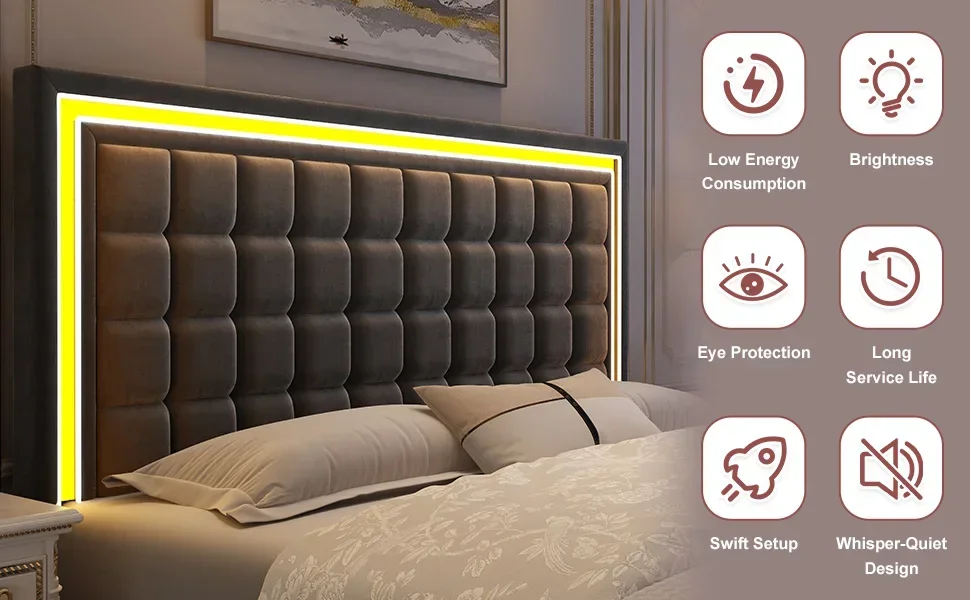 Description Picture 5 of itemLED bed frame, large with 4 drawers, adjustable upholstered headboard platform bed with wooden slatted support, bed frame