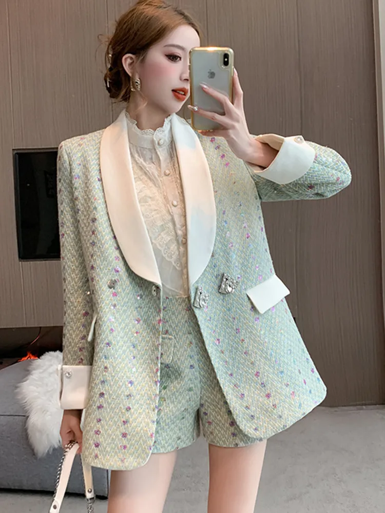 

Elegant Green Sequins Tweed Blazer+Shorts Suit Two Piece Women Outfit Autumn Winter High Quality Diamond Button Woolen Sets