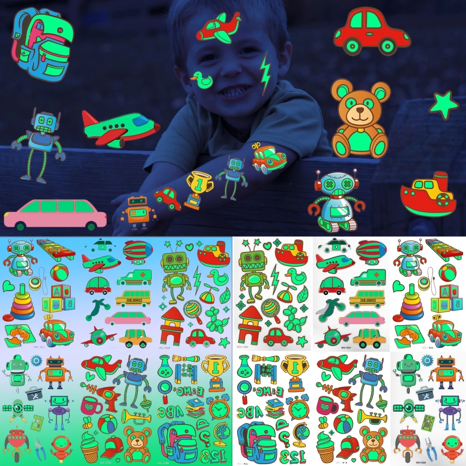 

Glow In The Dark Temporary Tattoos For Kids Boys Girls Luminous Tattoo Fake Glowing Night Cartoon Cars Plane Robot Tatoos Party