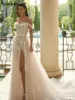 Charming Illusion 3D Flowers High Split A-Line Wedding Dresses Off The Shoulder Appliques Lace Bridals Gowns Vestidos De Novia 1