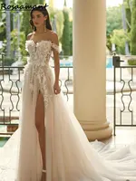 Charming Illusion 3D Flowers High Split A-Line Wedding Dresses Off The Shoulder Appliques Lace Bridals Gowns Vestidos De Novia 1
