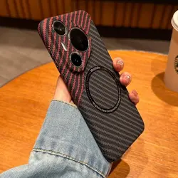 Luxury Carbon Fiber Texture Frosted Magnetic PC Phone Case Cover for Huawei Pura 80 (Red and black)