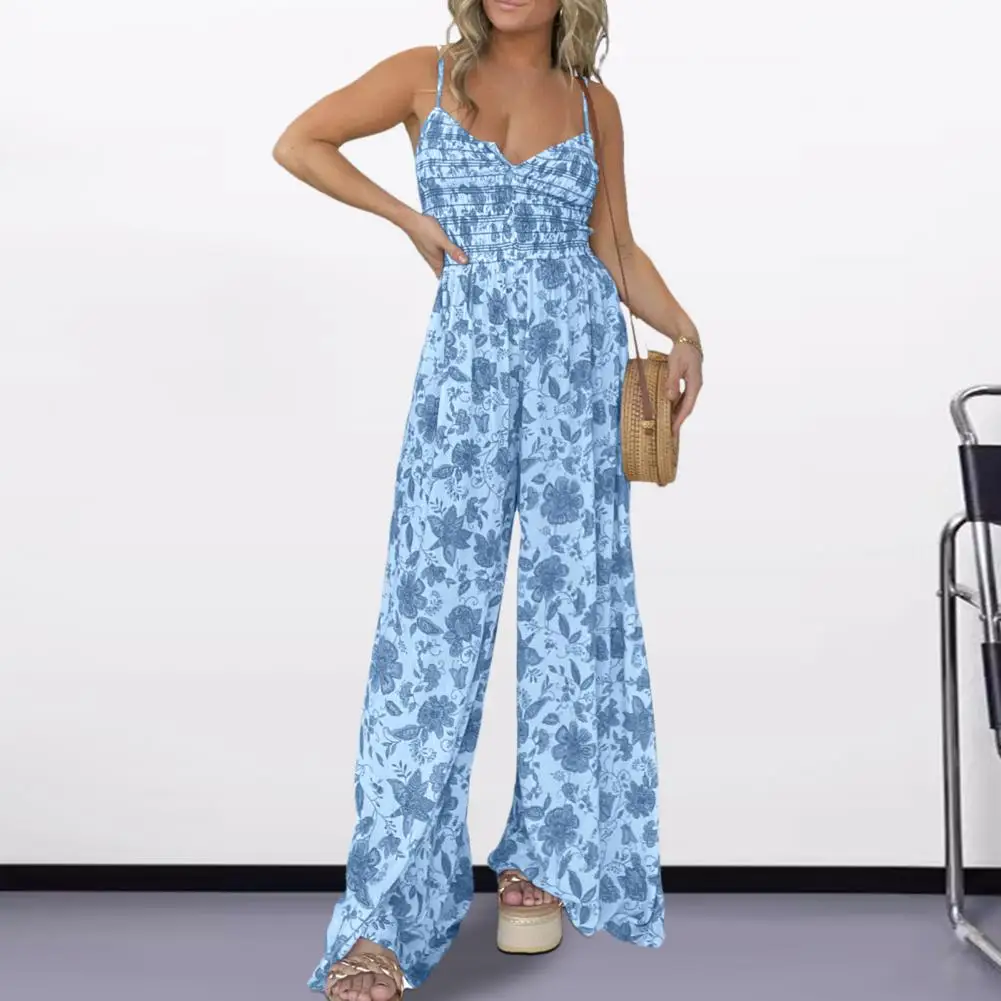 Pleated Jumpsuit Floral Print V Neck Jumpsuit for Women Wide Leg Summer Romper with Elastic Waist Spaghetti Straps for Vacation