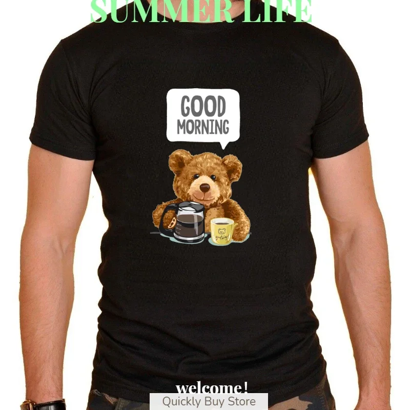 

Модная футболка Тедди с надписью «Happy morning» для мужчин и женщин, дышащая свободная футболка, уличная летняя модная спортивная футболка с коротким рукавом