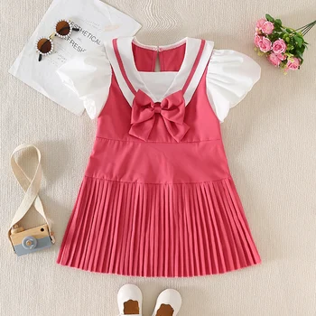 Youthful Girl s Summer Dress with Short Puff Sleeves V-Neckline and Bow Detail in A-Line Silhouette Featuring Contrast Colors 4