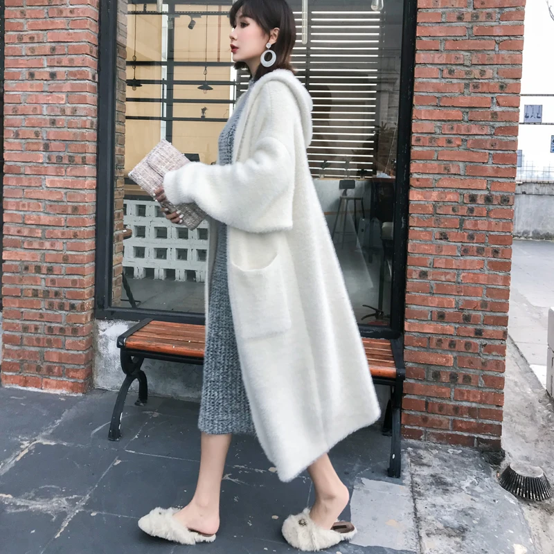 

HeeneBerry 2023 Winter Long Cardigan Women Faux Mink Sweaters Loose Full Pull Sleeve Knitted Thickness Sweater Outwear Coat