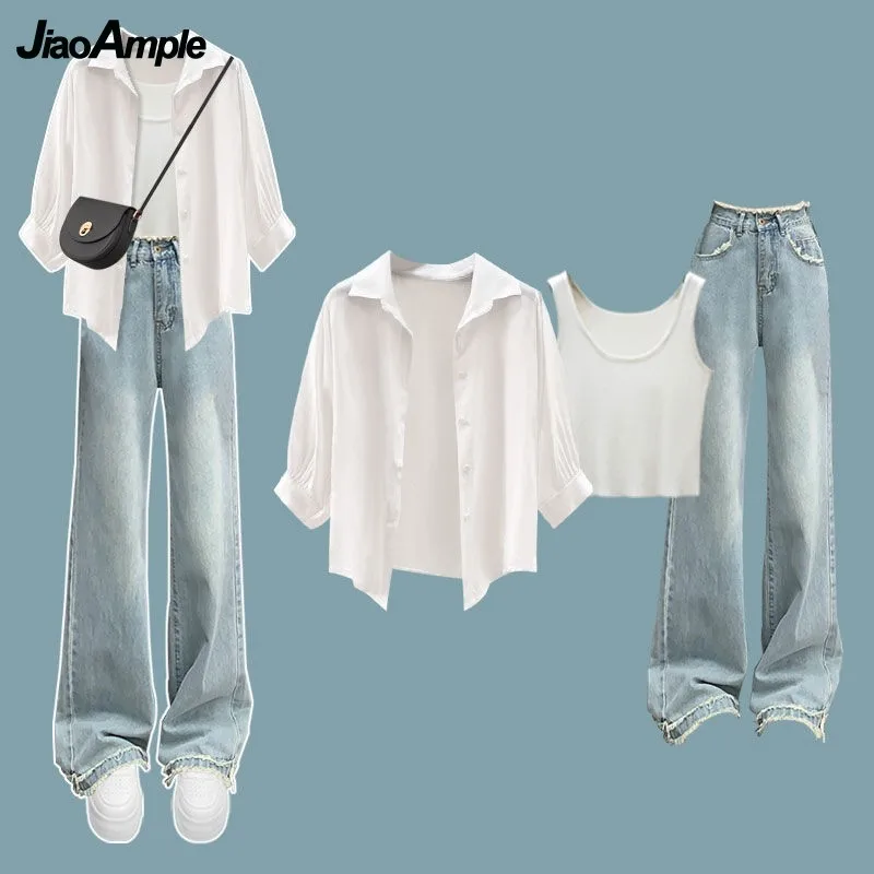 Women's Summer Jeans Set 2024 New Loose Sunscreen Shirt Strap Denim Pants Three Piece Korean Elegant Trousers Matching Set winter warm jeans women korean loose thick plus velvet high waist wide leg jeans pant y2k casual straight fleece denim trousers