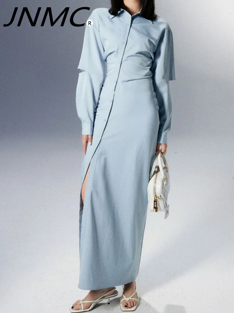 

JNMC Women's Spring And Autumn Light Blue Lapel Shirt Neck Dress Design Sense Hollow Long-sleeved Slit Single-breasted Skirt
