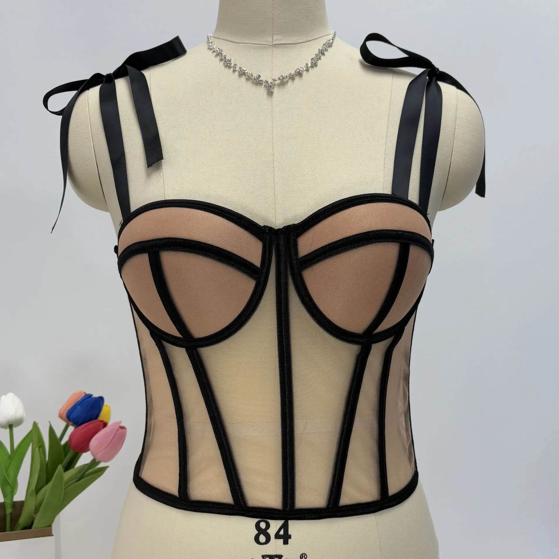 Sexy Spicy Girl Silk Tie Fishbone Strap Vest Cross Color Collision Bra Bandeau Top Breathable Comfortable Shaping Underwear