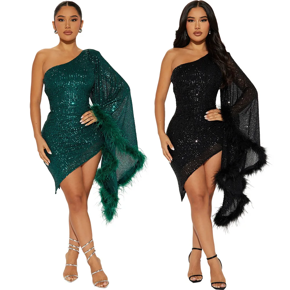 

Fur Sequin Dress Party Club Wear Evening Dresses 2023 Winter Fall Women Fashion Mini Elegant Sexy Prom Black Dress