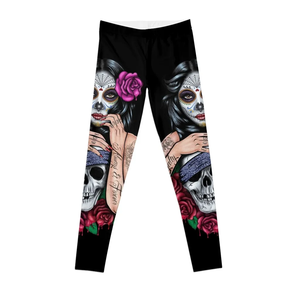 

sugar skull floral Tattoo girl day of the dead Leggings Sports pants woman for girls Womens Leggings