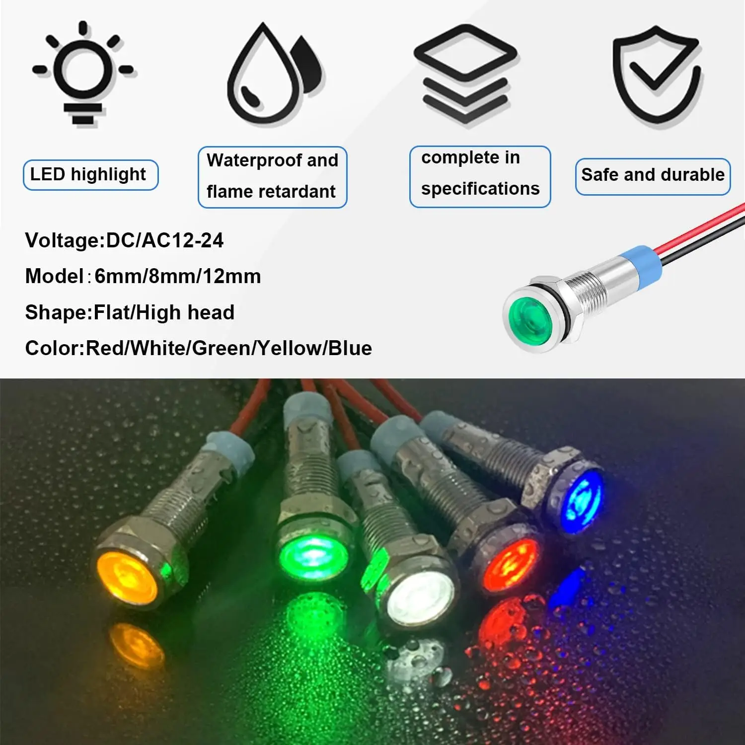 5Pack 6mm AC/DC12-24V LED 표시 등 방수 IP65 24 볼트 LED 조명 금속 파일럿 램프 조명 Milt-Color 패널 LED