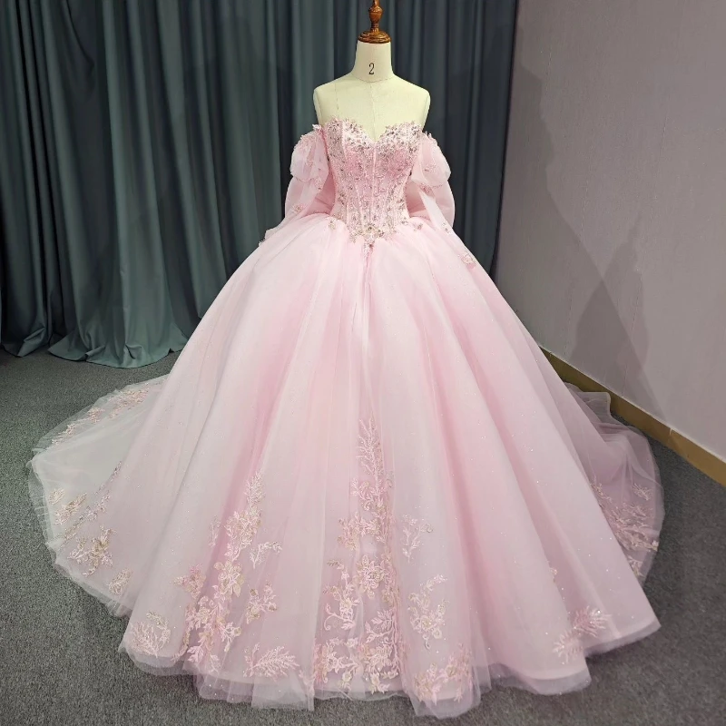

Luxury Pink Princess Ball Gown Quinceanera Dresses Off The Shoulder Appliques Lace Beads Tull Luxury Vestidos De 15 Años