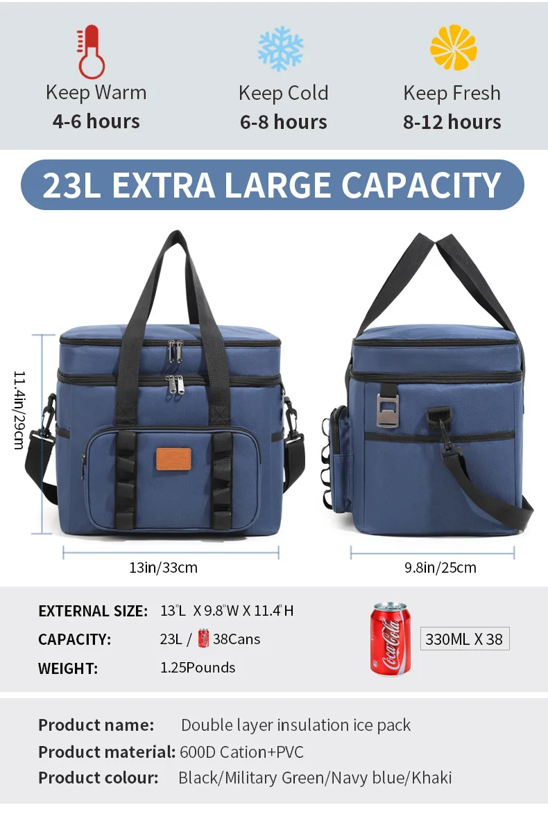 Multifunktionale doppellagige Tragetasche, Kühltaschen für Damen und Herren, großes Fassungsvermögen, Reise-Picknick-Lunchbox mit Schultergurt – Detail 3