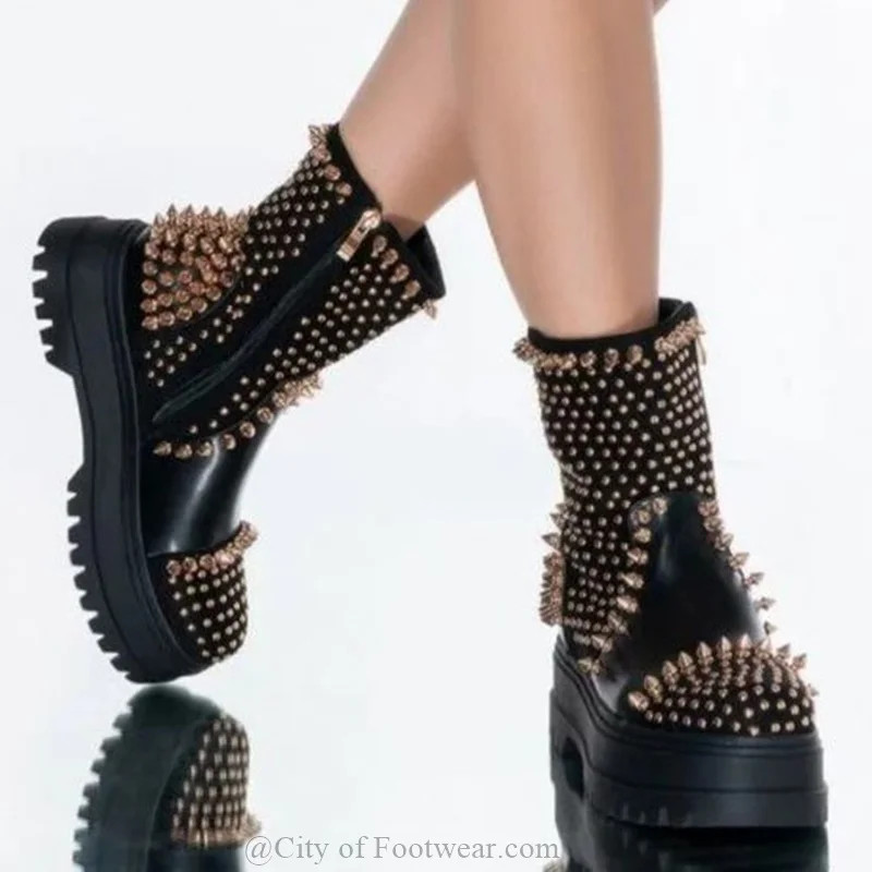 

Black Studded Leather Ankle Boots Women Spike Round Toe Highten Shoes Comfy Gold Rivets Big Size Luxury Designer Shoes