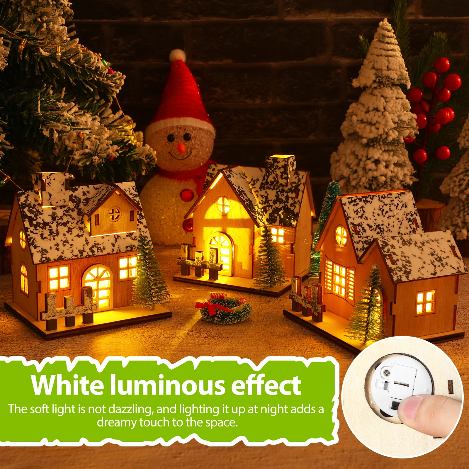 3-Piece LED Lighted Christmas Village House Set - Mini Wooden Houses For Holiday Table & Mantel Decor