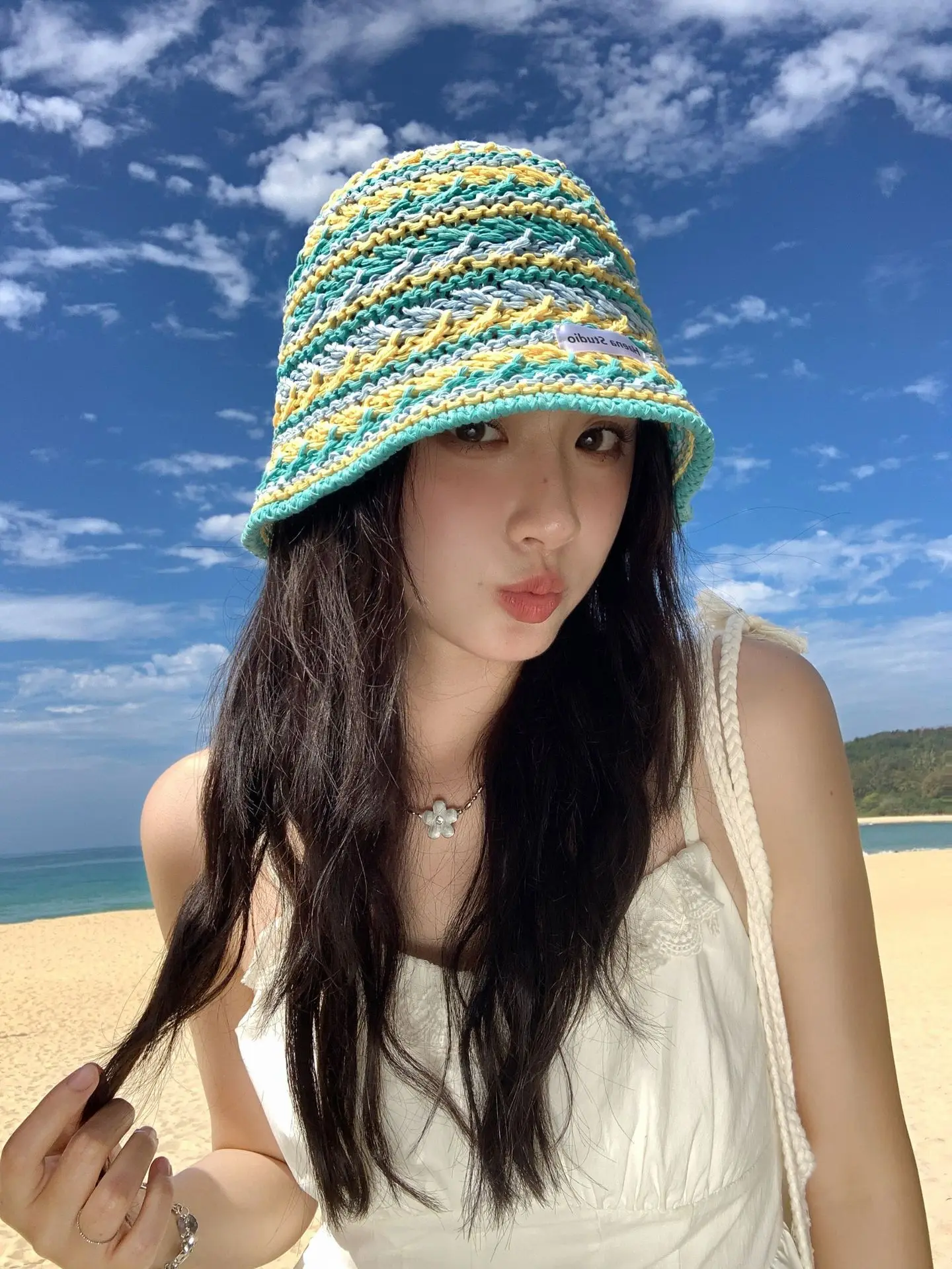 Damen Eimer Hut Koreanische Gestrickte Gestreifte Verstaile Aushöhlen Atmungsaktive Kappen Strand Urlaub Sonnenschutz Sonnenschutz Hüte Für Mädchen – Detail 18