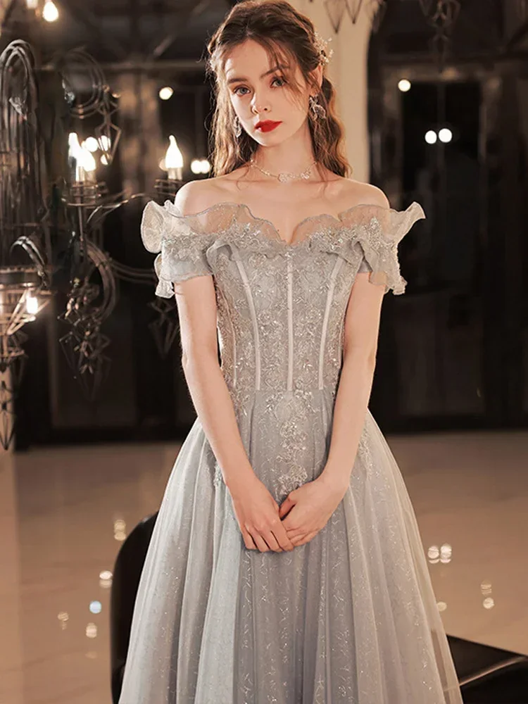 Evening Dresses Wedding Party Gown Exquisite Slim A-Line Sequin Bandage Backless Strapless Off Shoulder Floor-Length