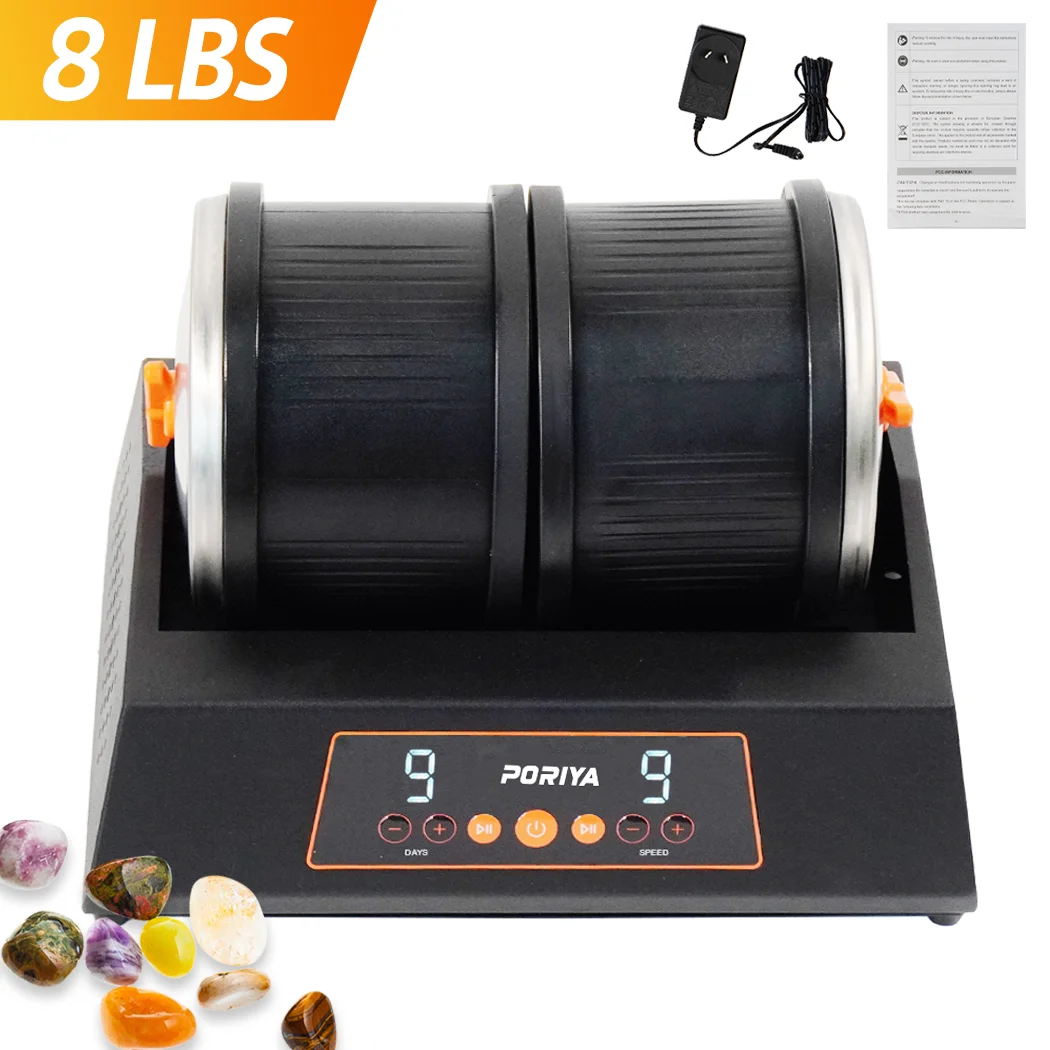 PORIYA Rock Tumbler 8 lbs Rock Polishing Kit 9 Speed 9-Day Timer Dual Barrels