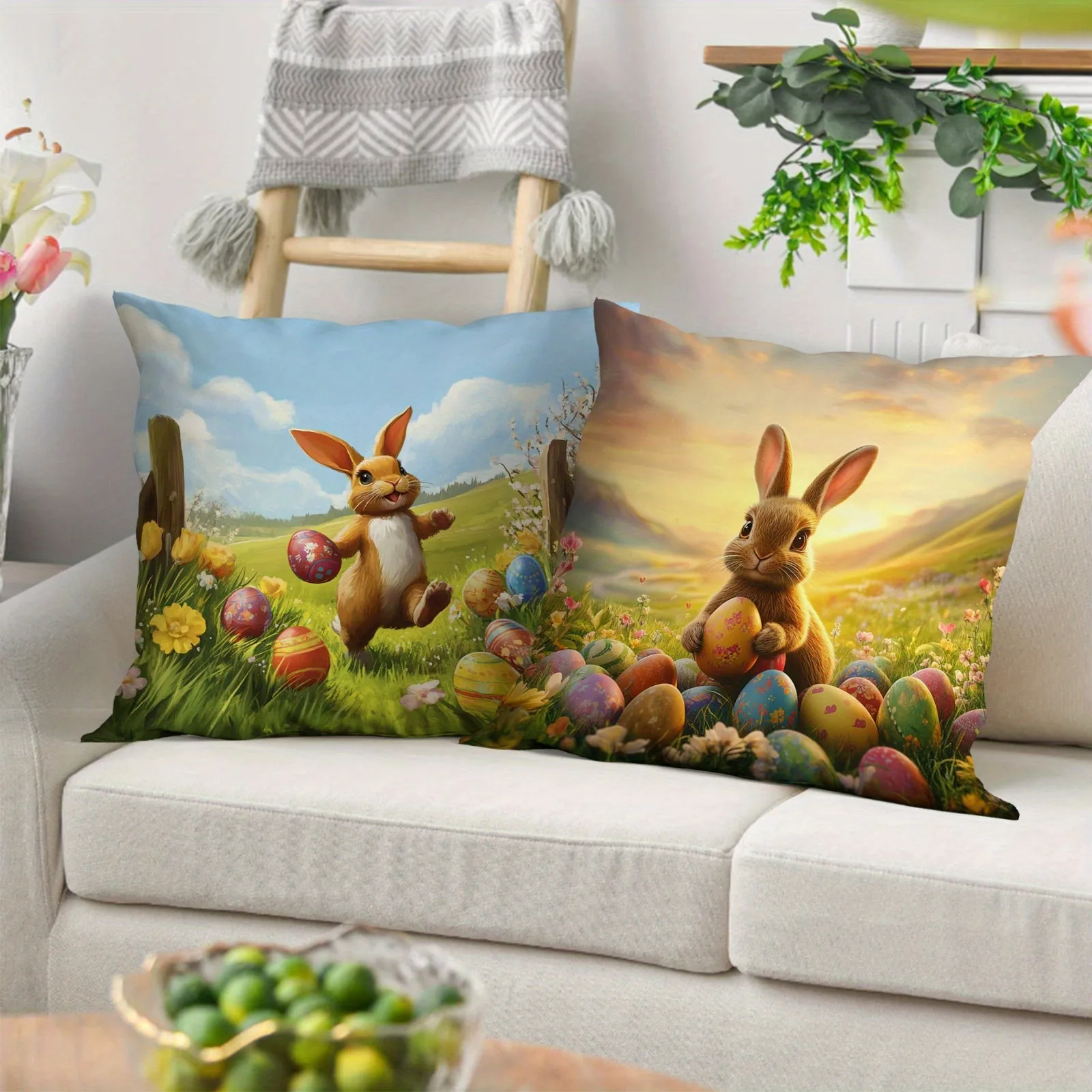 Happy Easter pillow cover Spring cute bunny and floral pattern printing home room decoration Sofa chair cushion cover 4