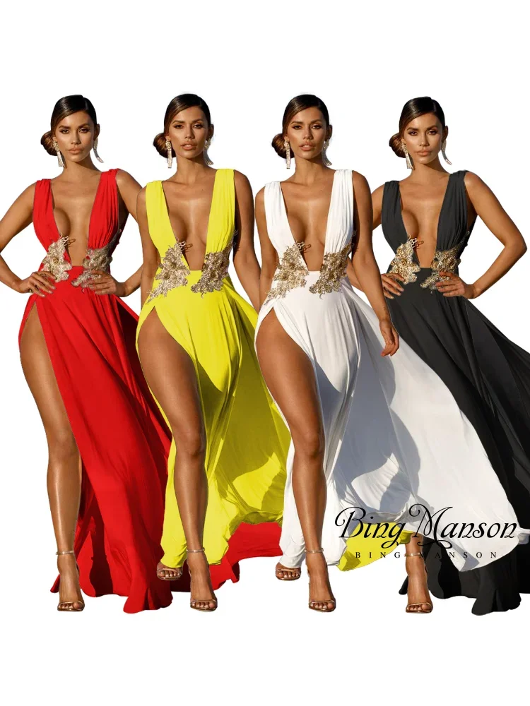 

Summer New Women's Long Dress Sexy Fashion Wedding Evening Dress Deep V High Split Part Large Swing Floor Sweeping Long Dress