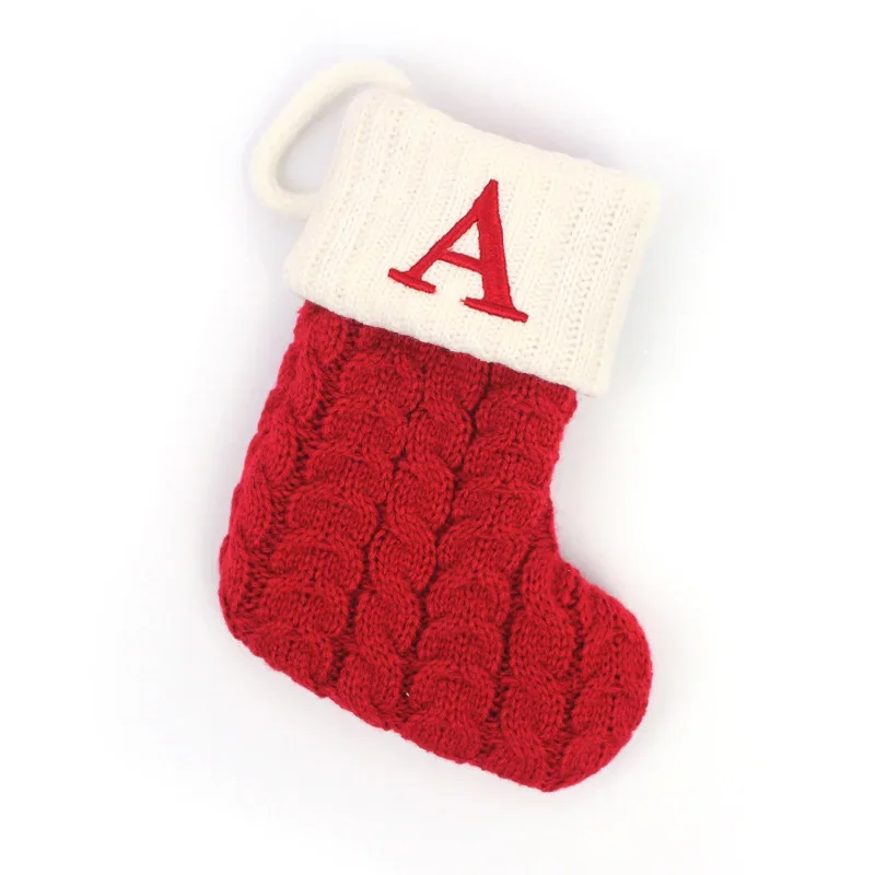 Festive Knitted Christmas Stocking with Snowflake & Alphabet Design - Holiday Tree Pendant Decoration