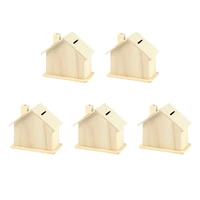 5pcs Unfinished Wooden Piggy Banks Kids DIY Coin Bank Change Container Handmade DIY White Embryo Small House Deposit Can 1