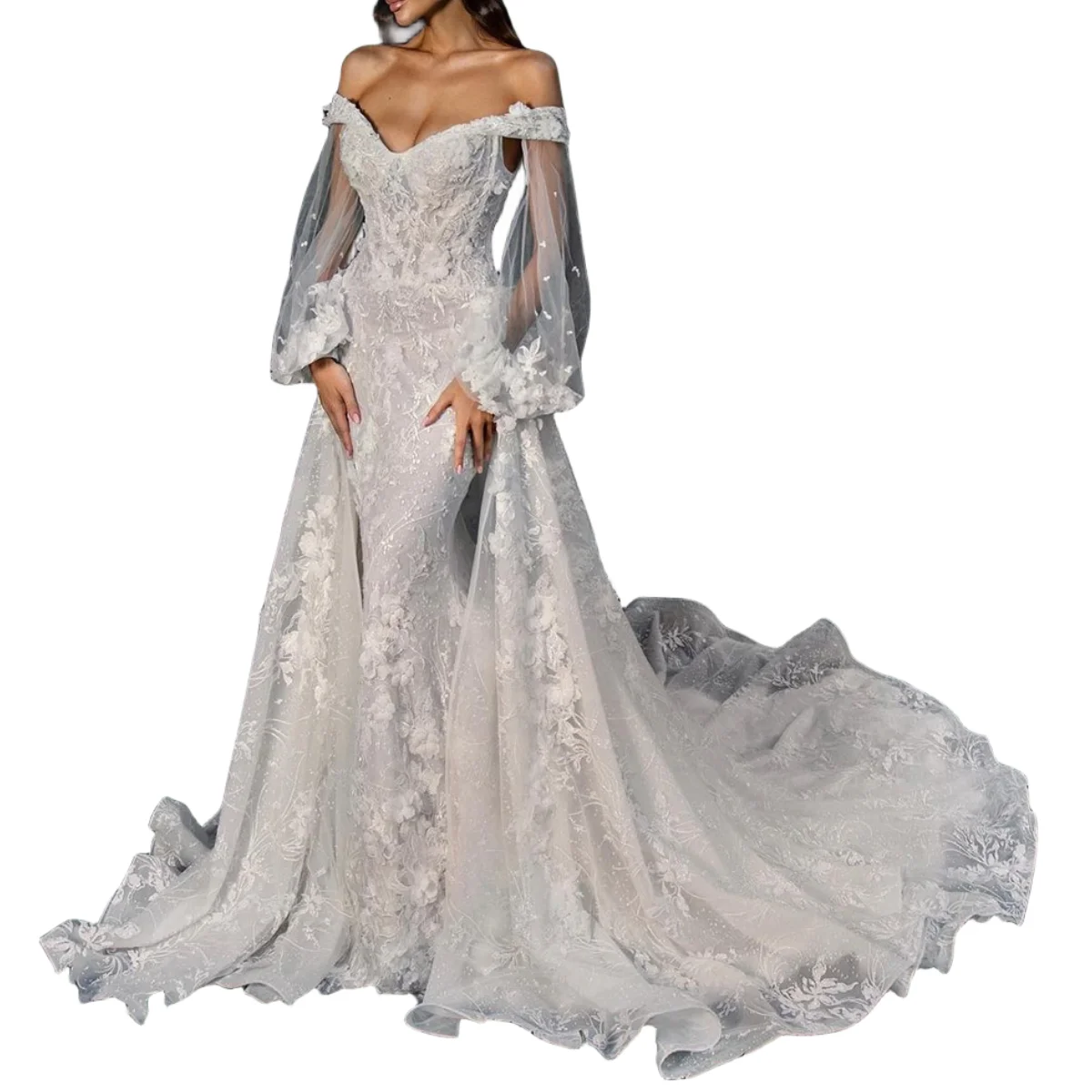 Romantic Floral Lace Wedding Dresses For Woman Mermaid Long Bride Dresses Detachable Train Beaded Bridal Gown Vestidos De Novia