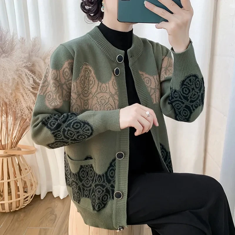 

Middle Aged Elderly People Mom Autumn Attire Cardigan Knitwear Sweater Coat Grandma Round Neck Long Sleeved Cardigan Knit Tops