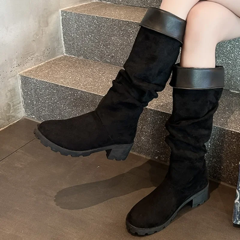 

2023 Winter New Fashion Pointed Toe Women Knee High Boots Flock Chelsea Boots Round Toed Party Western Shoes for Women Zapatos