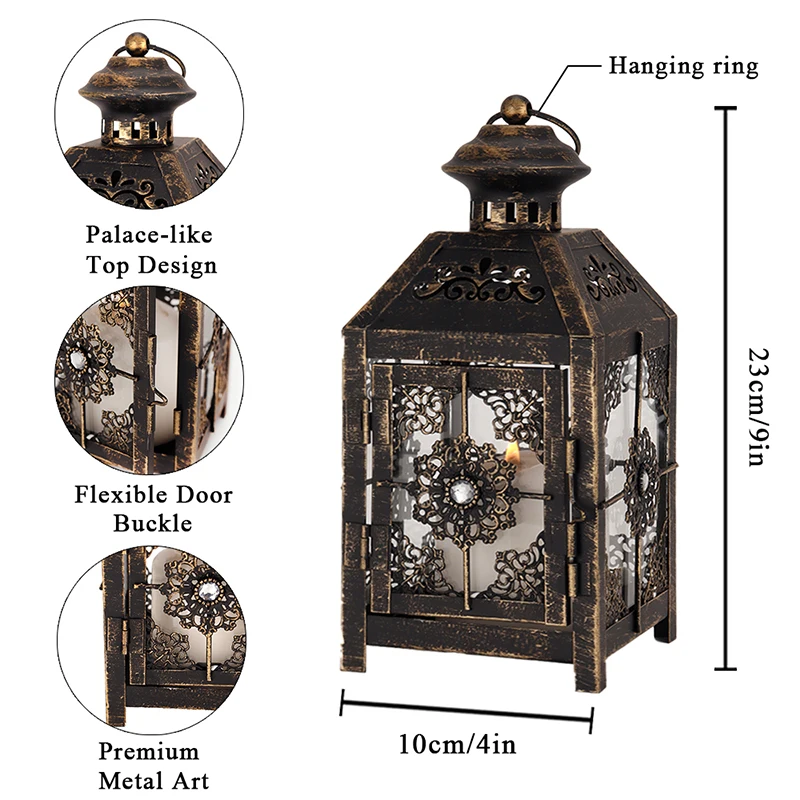 JHY DESIGN Decorative Lanterns-10inch High Vintage Style Hanging Lantern,  Metal Candleholder for Indoor Outdoor, Events, Parities and Weddings(Black  with Gold Brush) 