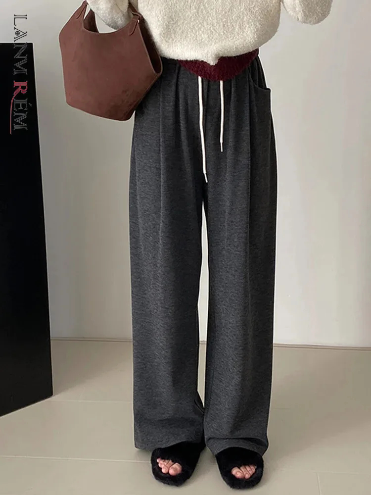 

[LANMREM] Drawstring Thick Warm Wide Leg Pants For Women Solid Straight Casual Loose Trousers Female 2023 Winter New 26D7521