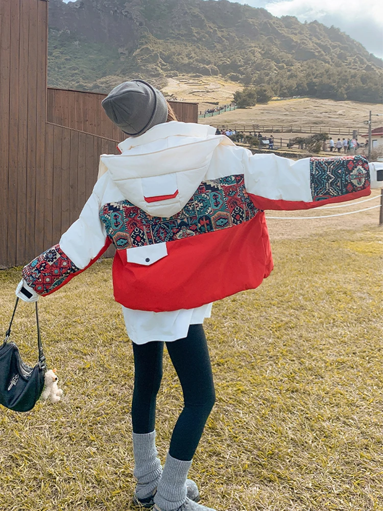 Winter Embroidery Hooded Patchwork Down Jacket Women White Duck Down Warm Jackets Female Thick Quilted Short Parka Outwears Coat