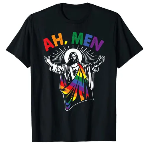 

Ah Men Funny LGBT Gay Pride Jesus Rainbow Flag Christian T-Shirt Faith LGBTQ Graphic Tee Tops Cute Gay Pride Lesbian Outfit Gift