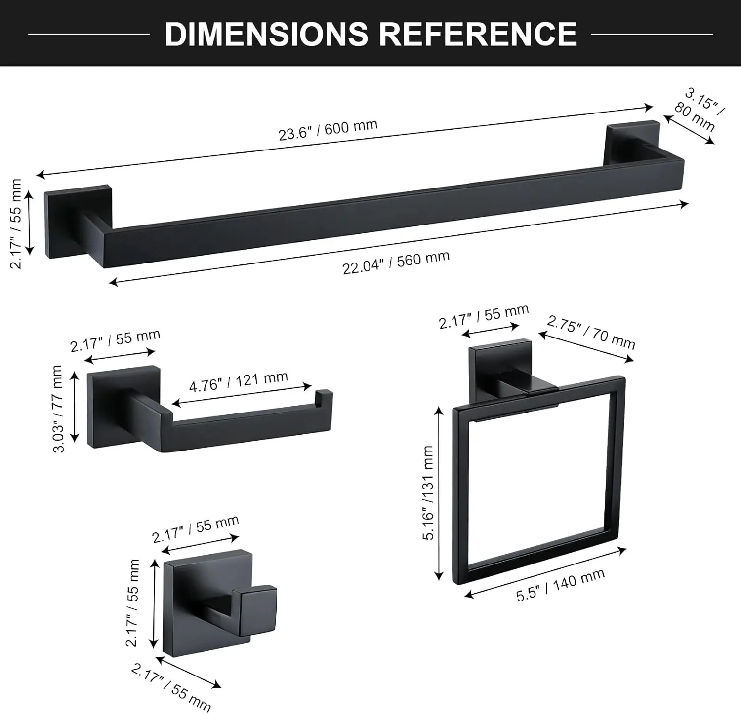 6-Piece Bathroom Set: Matte Black 23.6" Towel Bar, Towel Ring, Coat Hook, Toilet Paper Holder. Stainless Steel. Wall-Mounted.