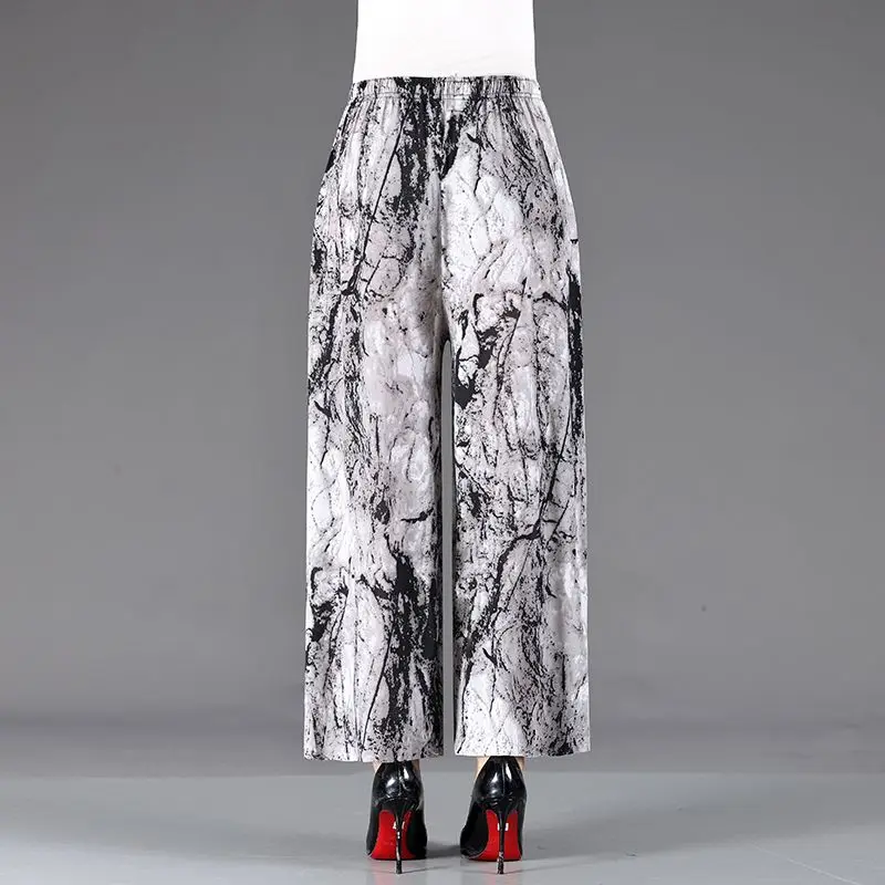 Vintage Printed Elastic High Waist Tie Dye Wide Leg Pants Women's Clothing 2024 Summer New Loose Office Lady Cropped Pants