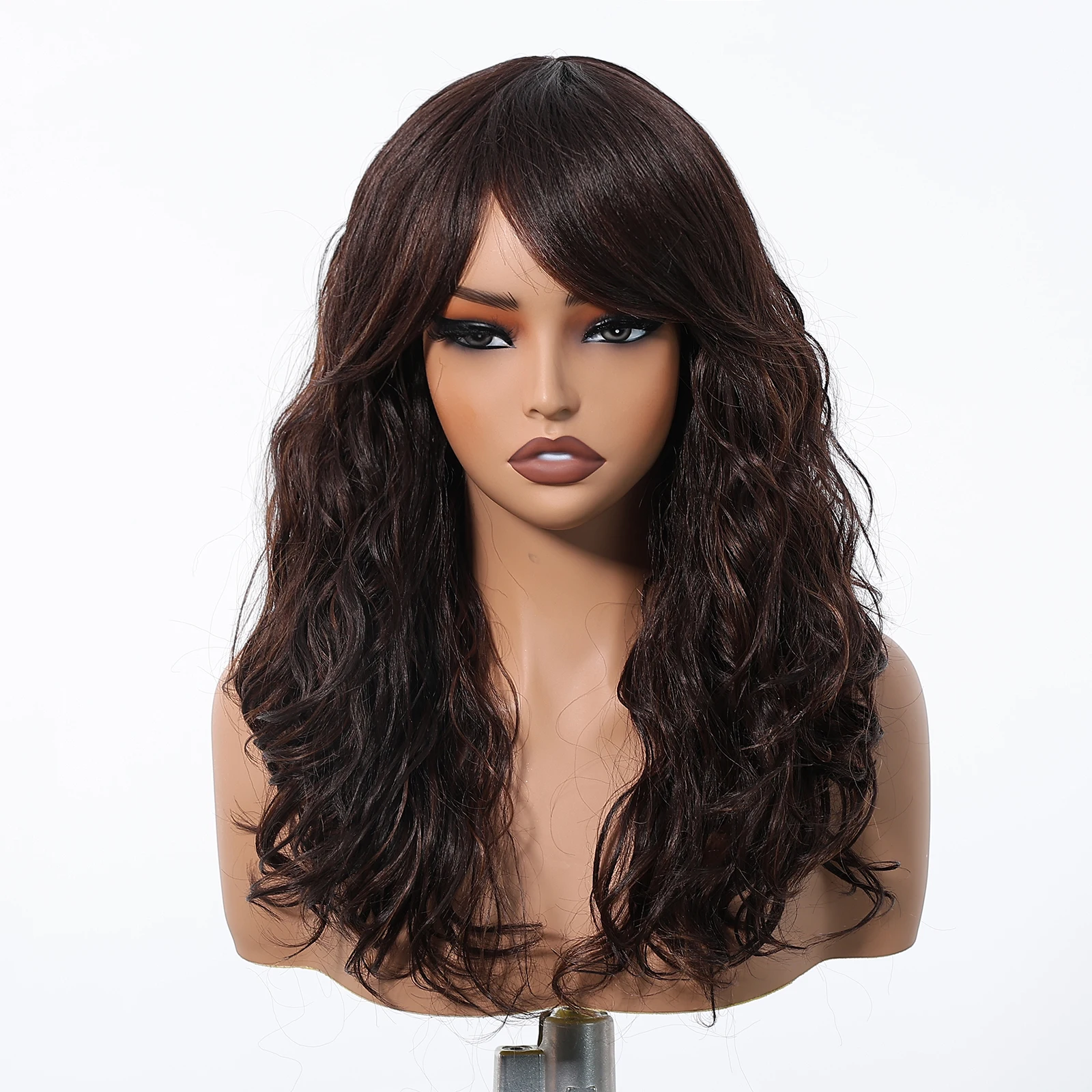 Dark Brown Curly Synthetic Wig with Bangs Medium length Wavy