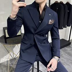 7XL-S (Blazer+Trousers) Fashion Double Breasted Slim Fit Men's Suits Set Italian Style Luxury Wedding Social Dress 2 Piece Sets