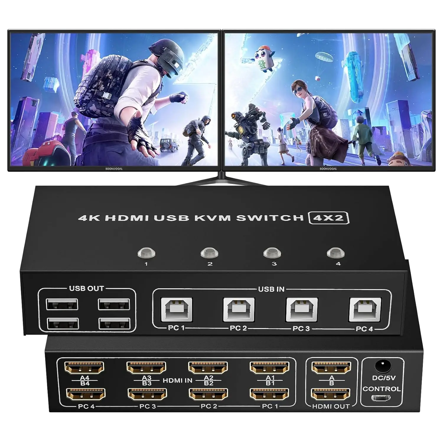 Dual Monitor KVM Switch HDMI 2 Poort 4K@30Hz, MLEEDA KVM Switch 2 Monitoren Voor 2 Computers Delen 2 Monitoren en 4 USB 2.0 Hub, Desktop Controller en USB HDMI Kabel Inbegrepen