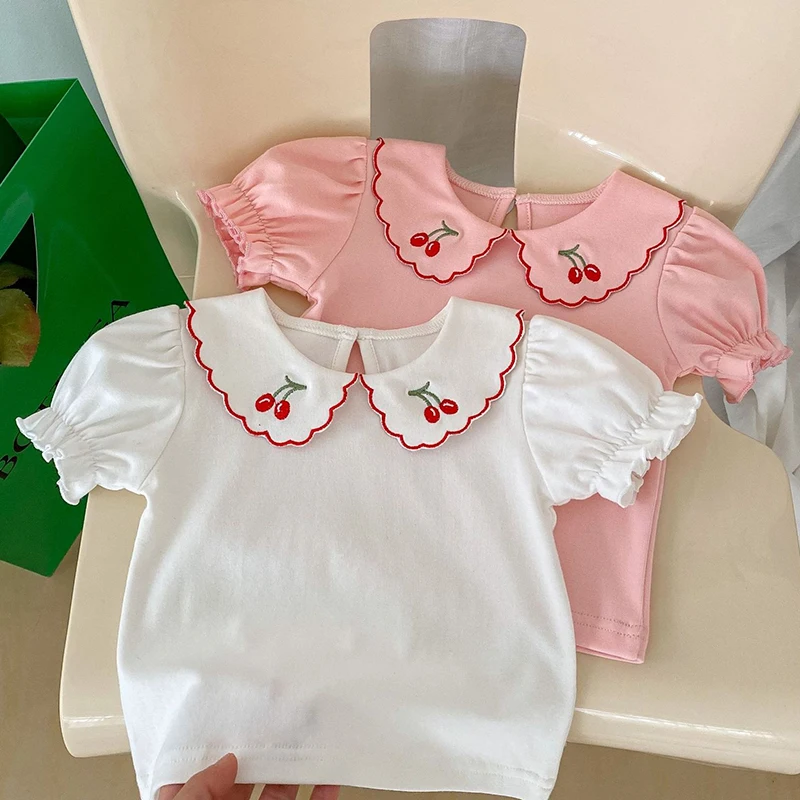 Summer 0-3Yrs Infant Baby Girls T-shirt Short Sleeved Cotton Embroidered Pullover Tops Toddler Baby Girl Clothes