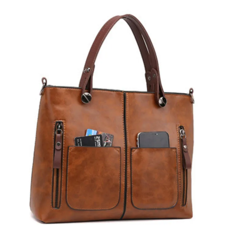 Vintage PU Leather Brown Handbags Women Large Capacity Retro Double Pocket Black Tote Bag Ladies Crossbody Shouder Bag