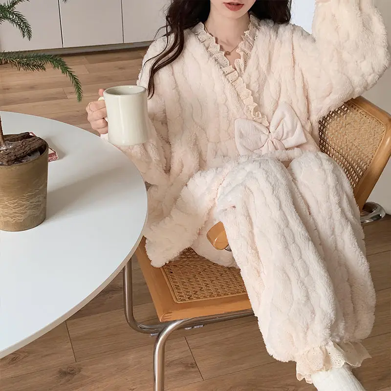 Coral fleece Women pajamas Princess Lace bow Jacquard pattern Fall winter  Add fleece  Flannel plush Long sleeve pant cover
