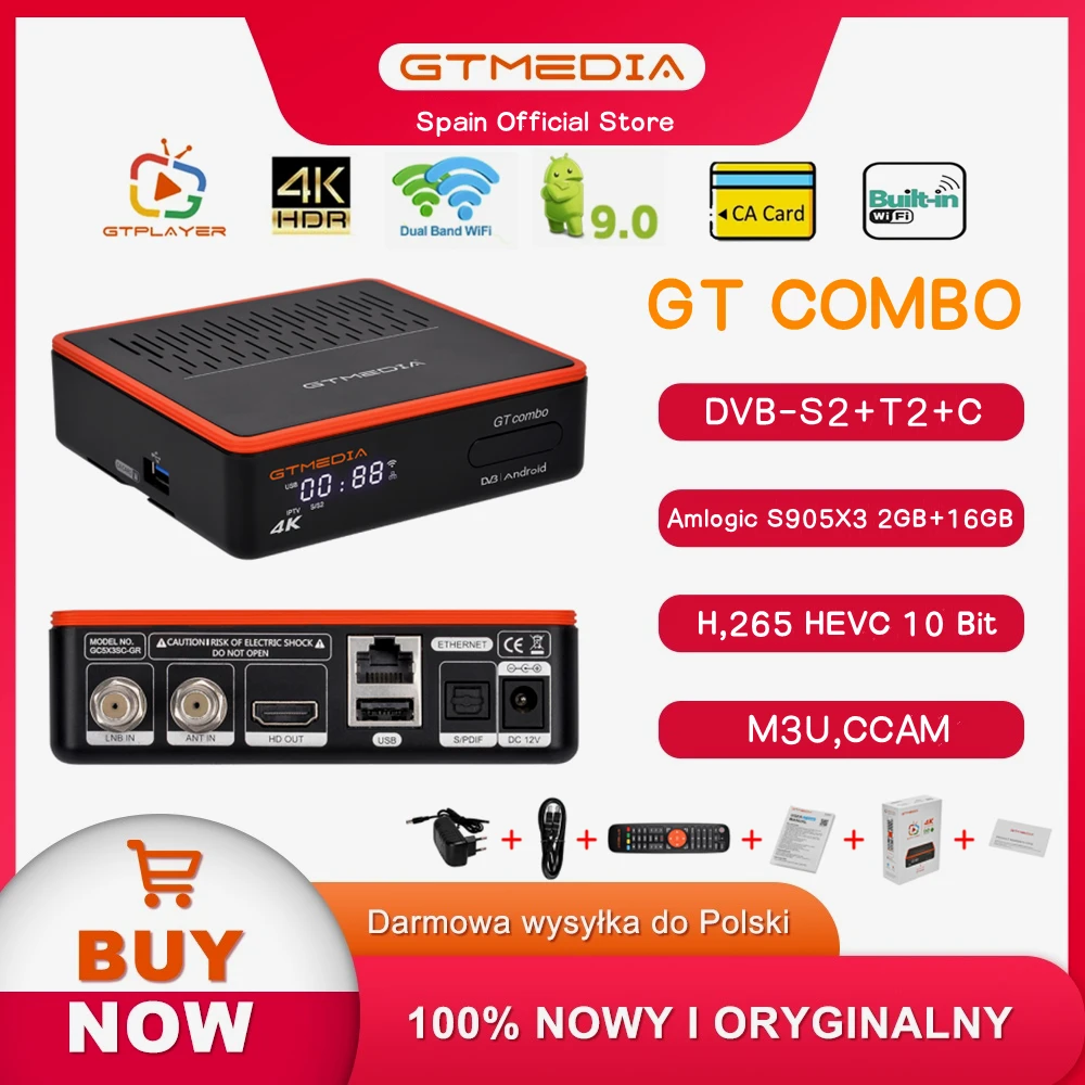 Gtmedia Gt Combo 4K Full Hd Tv Box Android 9.0 + Dvb-S2X/T2/C 2Gb + 16Gb M3U Decoder Ricevitore Tv Satellitare/Google Smart Set Top Box